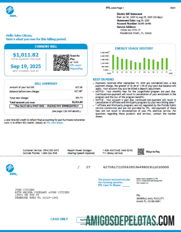 em branco Modelo de fatura de serviços públicos FPL dos EUA em formatos Word e PDF, versão 4